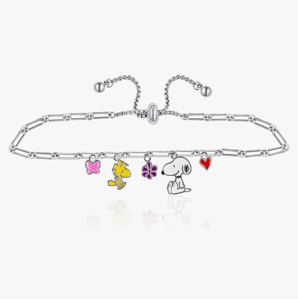 Peanuts "Snoopy" & "Woodstock" Enamel Charms Lariat Silver Adjustable Br…
